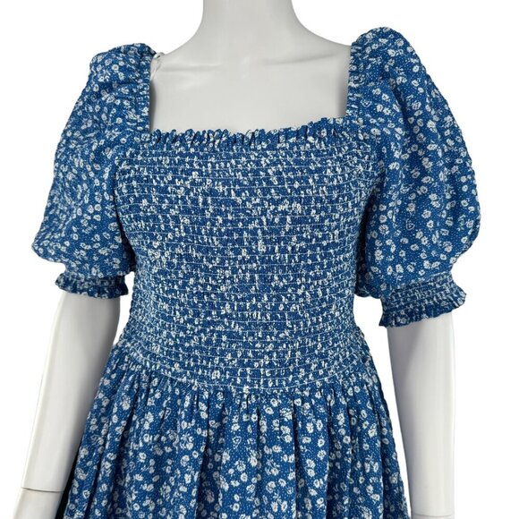 Hyacinth House NEW Blue Micro Floral Smocked Short Sleeve Mini Dress Size Small - Picture 3 of 7